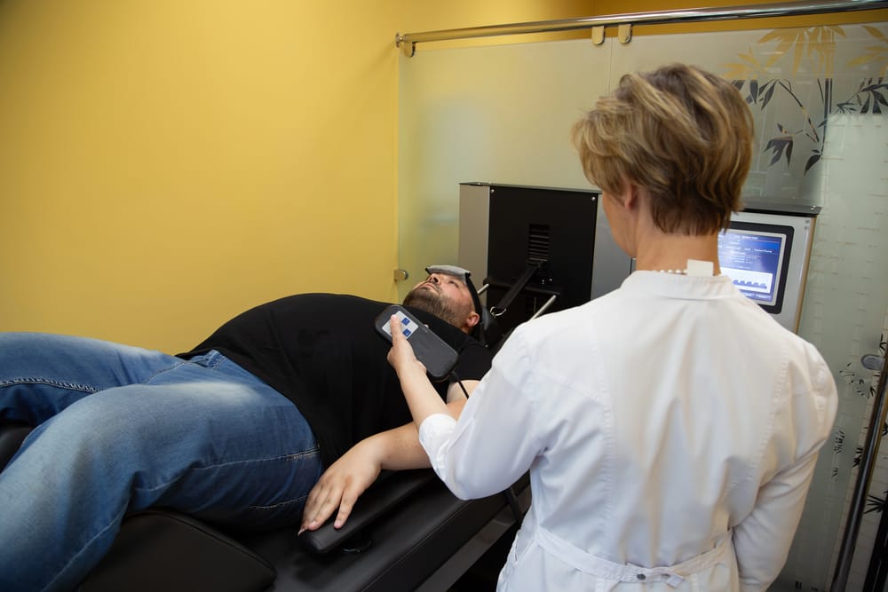 man undergoing MRI for suspected hernia mesh problems